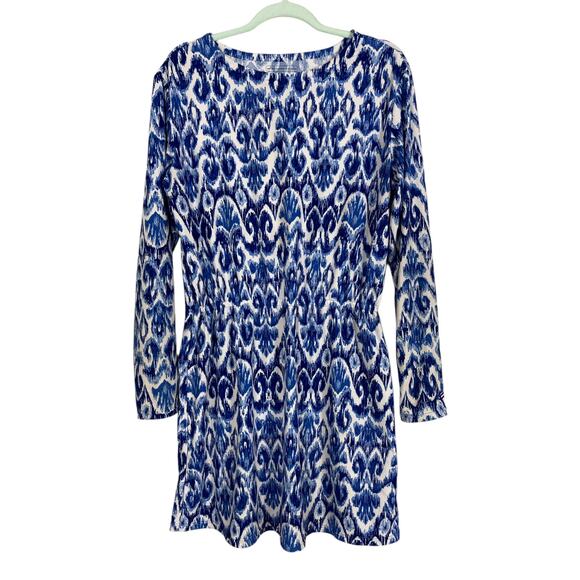 Coolibar Blue Geometric Print Jersey Dress Medium Long Sleeve UPF 50+ Beach Pool - Picture 2 of 9